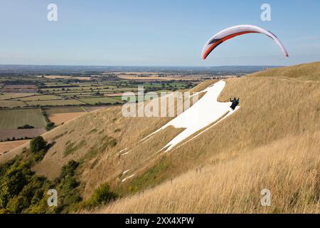 Westbury White Horse avec parapente, Westbury, Wiltshire, Angleterre, Royaume-Uni, Europe Banque D'Images