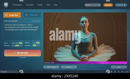 Interface utilisateur d'un générateur vidéo d'IA. Chatbot d'intelligence artificielle générer une vidéo détaillée d'une élégante ballerine dansante en tutu. Création vidéo générée par IA. Modèle pour écrans d'ordinateur ou d'ordinateur portable Banque D'Images