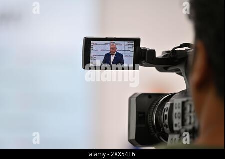 Vienne, Autriche. 22 août 2024. Conférence de presse du Parti populaire autrichien (ÖVP) sur le thème "présentation du nouveau modèle d'assistance sociale" avec le Secrétaire général Christian stocker Banque D'Images