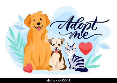Élément de conception d'affiche de bannière d'adoption de chien et chat et lettrage calligraphique dessiné à la main. Abri pour animaux domestiques, illustration de dessin animé plat vectoriel d'animaux sans abri Illustration de Vecteur