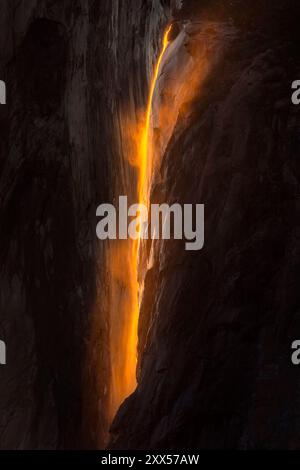 Le soleil couchant crée une « chute de feu » depuis les chutes Horsetail dans le parc national de Yosemite le dimanche 25 février 2024. Banque D'Images