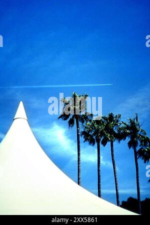 Un avion laisse une traînée de condensation traversant les tentes de la convention à Cannes. Palmiers en arrière-plan. Banque D'Images