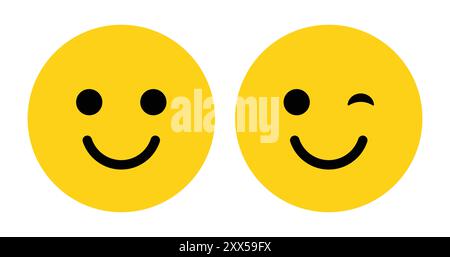 Sourire et clin d'œil ou cligner les yeux visage emoji réglé dans la couleur jaune et noire. Face de claquement. Eye clink emoji, émoticône jaune drôle avec sourire. Jeu d'icônes sourire. Illustration de Vecteur