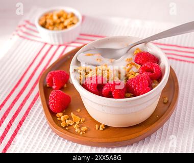 Yogourt à la noix de coco à base de plantes surmonté de granola et de framboises sur un lin rouge et blanc ; espace de copie Banque D'Images