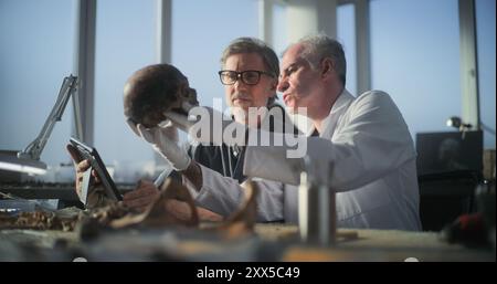 Laboratoire archéologique : paléoanthropologue senior détient un crâne humain préhistorique, archéologue mature utilise une tablette. Les scientifiques parlent et étudient les restes fossiles d'une civilisation éteinte. Banque D'Images