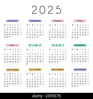 Calendrier anglais 2025 année. La semaine de calendrier de papeterie carrée de vecteur commence lundi. Organisateur annuel dans des couleurs vives modernes. Modèle de calendrier simple i Illustration de Vecteur