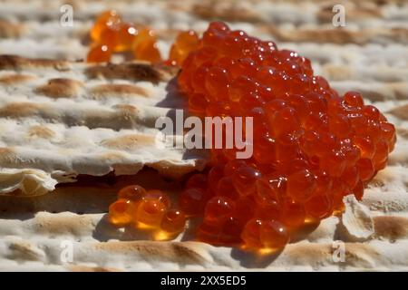 Caviar rouge sur un pain matzah, gros plan de la photo. Faible profondeur de champ Banque D'Images