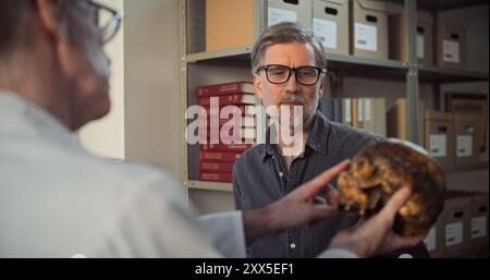 Deux archéologues analysent et examinent le crâne de l'homme éteint antique, ont des discussions au cours de recherches historiques et scientifiques sur les restes fossiles. Les scientifiques travaillent dans un laboratoire archéologique moderne. Banque D'Images