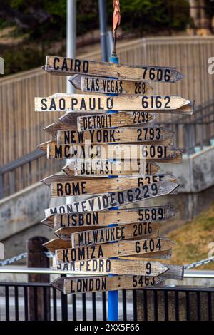 Panneau de direction avec des distances vers les grandes villes du monde entier, panneau en bois avec des flèches pointant dans diverses directions vers les villes de destination Banque D'Images