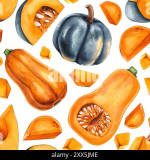 Motif de citrouille aquarelle. Motif citrouille d'automne aquarelle. Motif sans couture pour aliments. Motif d'éléments dessinés à la main de citrouille pour la conception du tissu, te Banque D'Images