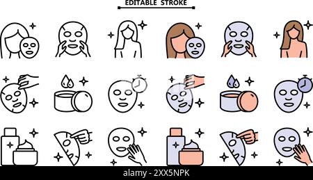 Visage, beauté, santé, femme, sain, masque, concept de nettoyage. Contour modifiable. Icônes de couleur de cosmétologie esthétique, pictogramme vecteur de peau brillante, fourmi Illustration de Vecteur