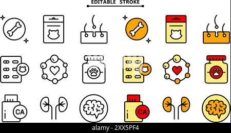 Ensemble d'icônes de vitamines pour animaux de compagnie. Contour modifiable. Différents types de médicaments pour animaux de compagnie, vitamines et suppléments. Icônes vectorielles de couleur simples pour ui et ux, site Web Illustration de Vecteur