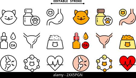 Ensemble d'icônes de vitamines pour animaux de compagnie. Contour modifiable. Différents types de médicaments pour chats, vitamines et suppléments. Icônes vectorielles simples pour ui et ux, site Web ou Mo Illustration de Vecteur