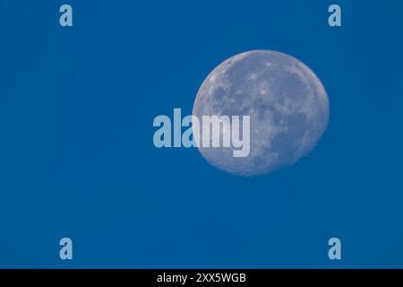 Une lune presque pleine contre un ciel bleu clair pendant les heures de lumière du jour. Les cratères de la lune et les détails de la surface sont nets, placés contre le ciel bleu en toile de fond. Banque D'Images