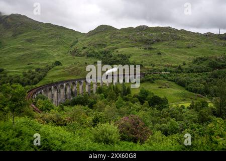 Glenfinnan-Viadukt : Berühmtes Bauwerk. - Der Touristensonderzug The Jacobite mit Dampflokomotive überquert den beeindruckenden, 380 m langen Glenfinna Banque D'Images