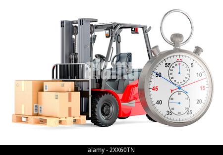 Chronomètre et chariot élévateur avec colis. Livraison rapide et concept d'expédition, rendu 3D isolé sur fond blanc Banque D'Images