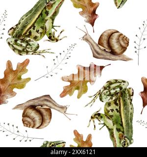 Grenouille, escargot et feuille de chêne motif sans couture illustration d'aquarelle Banque D'Images
