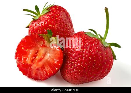 Fraises mûres, deux entières et une mordue gros plan isolé sur fond blanc Banque D'Images