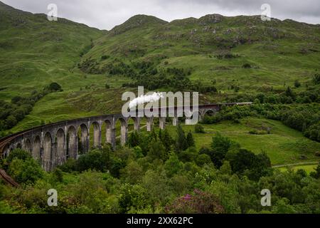 Glenfinnan-Viadukt : Berühmtes Bauwerk. - Der Touristensonderzug The Jacobite mit Dampflokomotive überquert den beeindruckenden, 380 m langen Glenfinna Banque D'Images