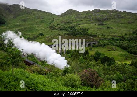 Glenfinnan-Viadukt : Berühmtes Bauwerk. - Der Touristensonderzug The Jacobite mit Dampflokomotive überquert den beeindruckenden, 380 m langen Glenfinna Banque D'Images