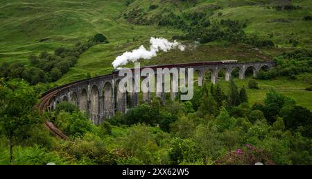 Glenfinnan-Viadukt : Berühmtes Bauwerk. - Der Touristensonderzug The Jacobite mit Dampflokomotive überquert den beeindruckenden, 380 m langen Glenfinna Banque D'Images