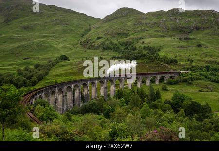 Glenfinnan-Viadukt : Berühmtes Bauwerk. - Der Touristensonderzug The Jacobite mit Dampflokomotive überquert den beeindruckenden, 380 m langen Glenfinna Banque D'Images