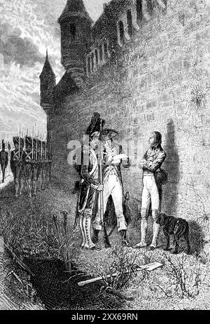 Tournage du Bourbon Duc d'Enghien 1804 au Château de Vincennes, château, forteresse, région Ile-de-France, Napoléon, soldats, fusils, lecture Banque D'Images