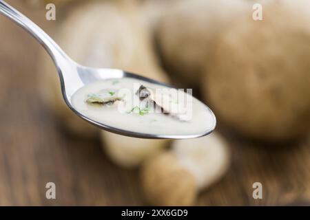 Portion de soupe de Porcini fraîche gros plan, mise au point sélective Banque D'Images