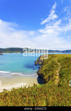 Belle côte rocheuse et les étapes menant à la plage de sable près de falaises ci-dessous sur la baie de Mendocino journée ensoleillée en Californie. La verticale Banque D'Images