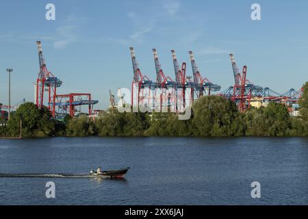 Image symbolique météo, été, vue de Finkenwerder au bateau à moteur, végétation verte sur les rives de l'Elbe, derrière des grues et portique à conteneurs c Banque D'Images