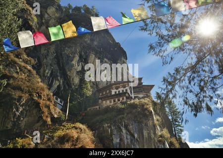 Avis de Taktshang monastère à travers les drapeaux de prières Banque D'Images