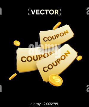 coupon jaune volant ou tombant 3d simple avec modèle de pièces d'or, isolé sur fond noir. Bon cadeau avec icône de code coupon. illustration vectorielle 3d. Illustration vectorielle Illustration de Vecteur