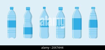 Ensemble d'icône de bouteille de couleur bleue. Icône de bouteille d'eau dans un style plat. Illustration vectorielle. Collecte de bouteilles en plastique. Jeu d'icônes de bouteille en plastique. Illustration de Vecteur