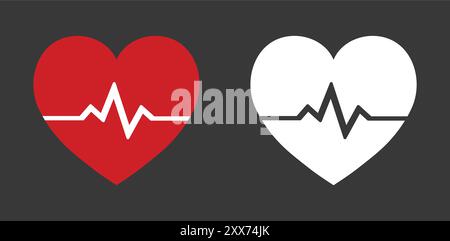 Icône de battement de cœur définie en rouge et blanc. Forme de coeur avec ligne d'impulsion. Icône plate Heartbeat Pulse pour les applications médicales et les sites Web. Illustration vectorielle. Illustration de Vecteur