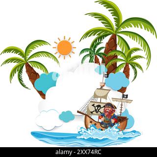 Bateau pirate naviguant près des palmiers et du soleil Illustration de Vecteur