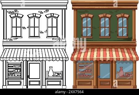 Versions couleur et contour d'une vitrine vintage Illustration de Vecteur