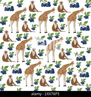 girafe mignonne, singe avec des fruits comme fond de motif Illustration de Vecteur