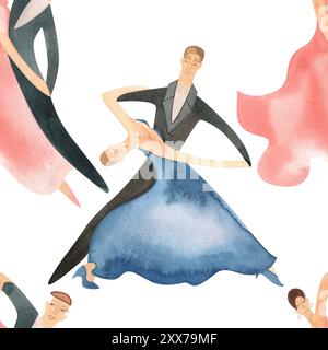 Danse de bal standard. Couples adultes sur le parquet. Illustration aquarelle isolée. Motif sans couture. Fond blanc Banque D'Images