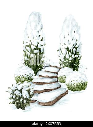 Escaliers de jardin et arbres sous la neige dans le parc d'hiver. Illustration d'aquarelle dessinée à la main avec espace de copie, isolé sur fond blanc Banque D'Images