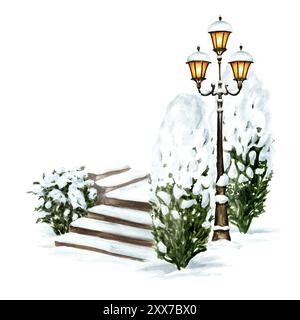 Escaliers sous la neige dans le parc d'hiver. Illustration d'aquarelle dessinée à la main avec espace de copie, isolé sur fond blanc Banque D'Images