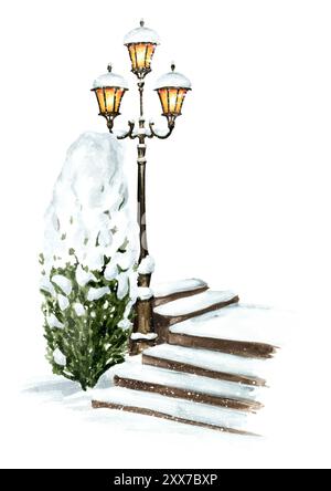 Escaliers sous la neige dans le parc d'hiver. Illustration d'aquarelle dessinée à la main avec espace de copie, isolé sur fond blanc Banque D'Images