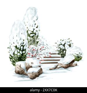 Arbres sous la neige dans le jardin d'hiver. Illustration d'aquarelle dessinée à la main isolée sur fond blanc Banque D'Images