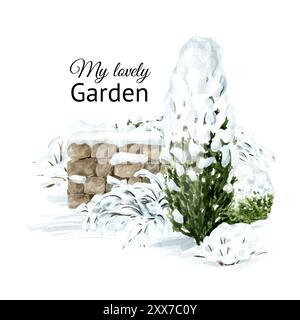 Arbres sous la neige dans le jardin d'hiver. Illustration d'aquarelle dessinée à la main avec espace de copie, isolé sur fond blanc Banque D'Images