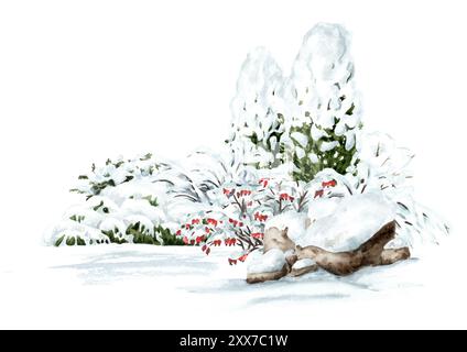 Arbres sous la neige dans le parc d'hiver. Illustration d'aquarelle dessinée à la main isolée sur fond blanc Banque D'Images