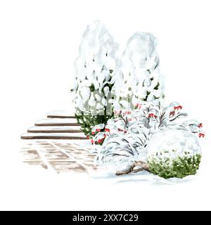 Arbres sous la neige dans le parc d'hiver. Illustration d'aquarelle dessinée à la main avec espace de copie, isolé sur fond blanc Banque D'Images