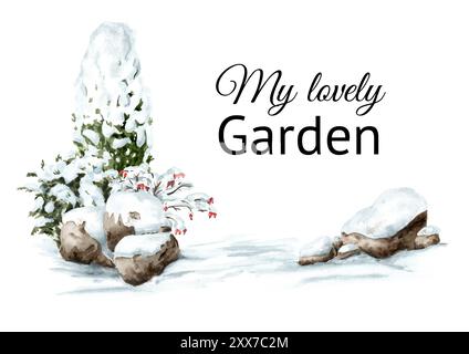 Arbres sous la neige dans le parc d'hiver. Illustration d'aquarelle dessinée à la main avec espace de copie, isolé sur fond blanc Banque D'Images