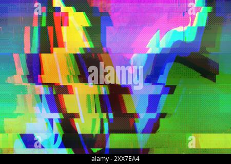 Abstrait vert, bleu, jaune mouvement glitch art fond 8 bit Pixel Art Banque D'Images