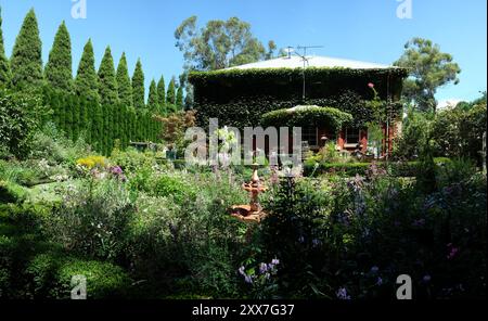 Bordures de fleurs et peuplements de conifères dans une maison de campagne à Mittagong, Southern Highlands New South Wales, Australie Banque D'Images