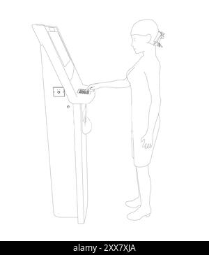 Contour Woman retire de l'argent d'un guichet automatique. Aperçu de la jeune femme utilise terminal. Jeune femme debout à la machine ATM. Illustration vectorielle en style plat Illustration de Vecteur