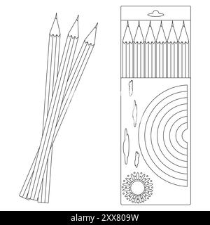 Simple contour noir et blanc de crayons de couleur dans une boîte, idéal pour les pages à colorier de la rentrée scolaire et une utilisation éducative. Illustration de Vecteur